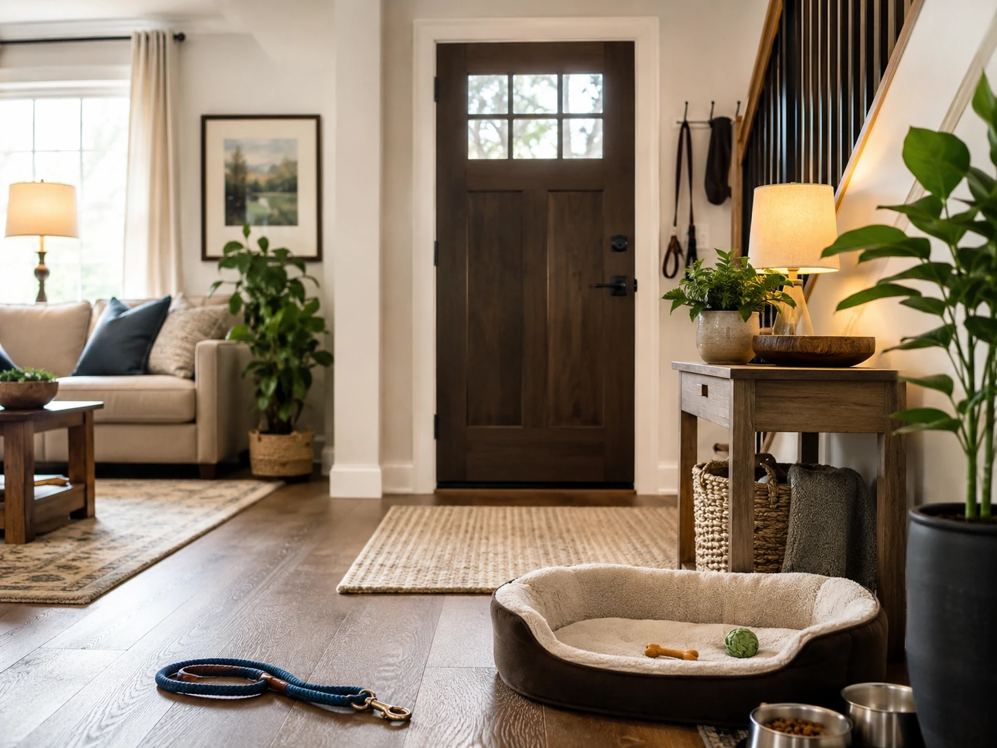 Warm, secure home entrance with the front door closed and pet-care essentials