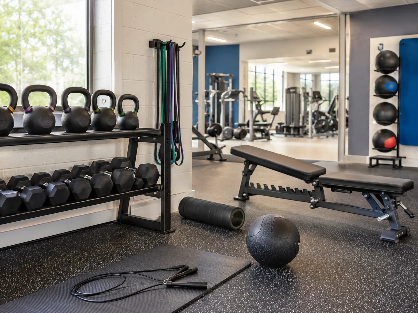 Bright gym training area with kettlebells, dumbbells, exercise bands and skipping rope