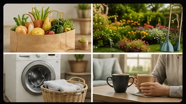 Collage showing shopping, gardening, laundry and friendly home support